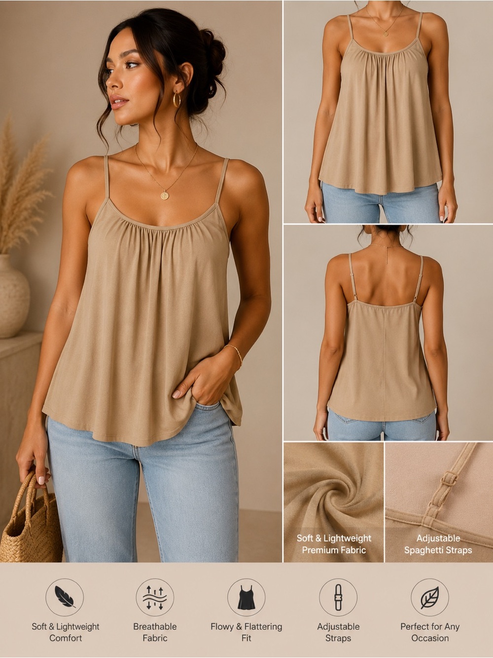 Women’s Beige Spaghetti Strap Tank Top - Lightweight Flowy Cami
